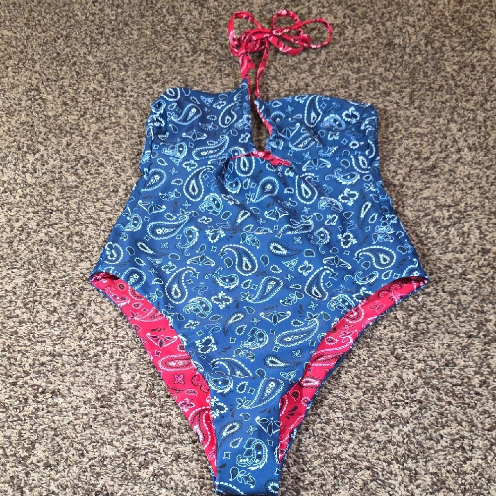 Blue and Red Bandana Paisley Swimsuit Reversible